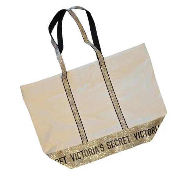 Victoria's Secret Cream & Gold Sparkle Tote Bag - Picture 3 of 6